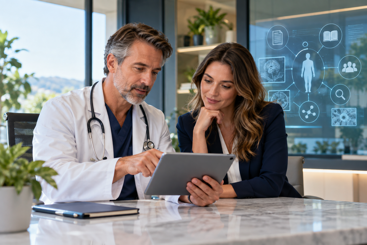 Physician and strategist reviewing information sources for AI search visibility