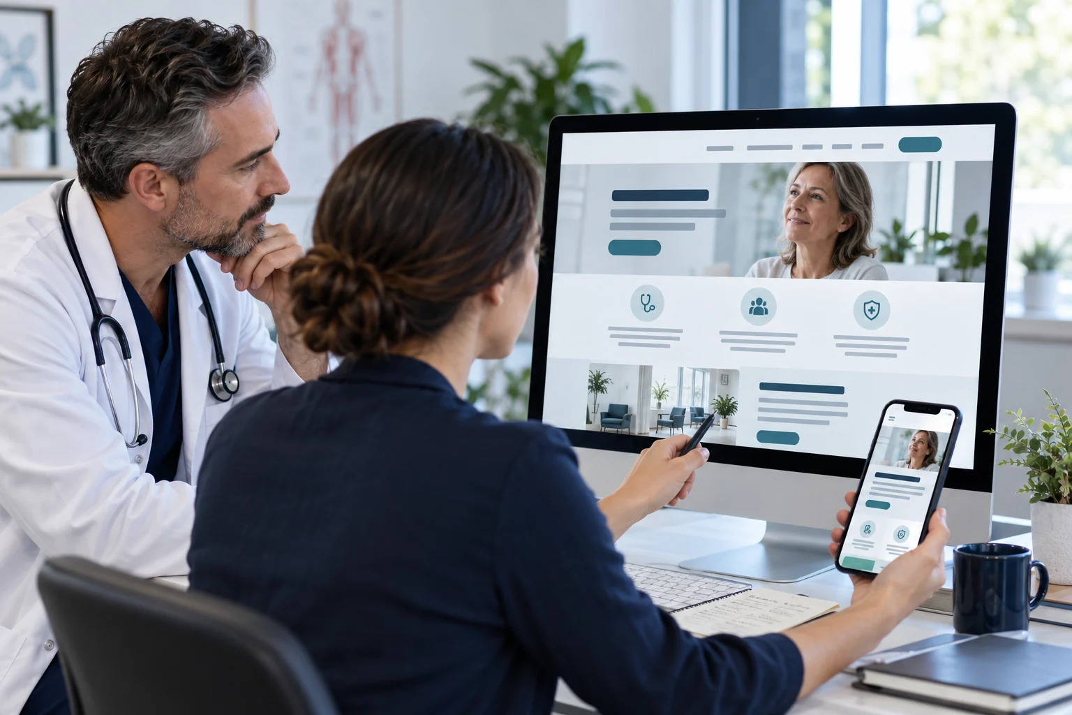 Physician and designer reviewing a responsive clinic website