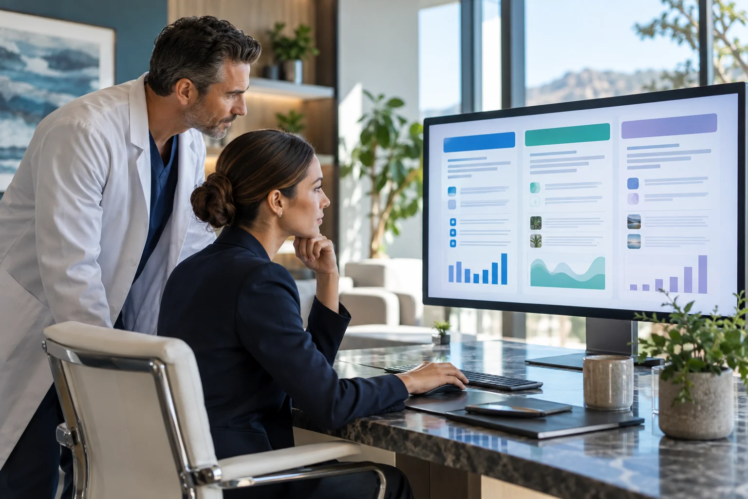 Clinician and analyst comparing AI answer visibility