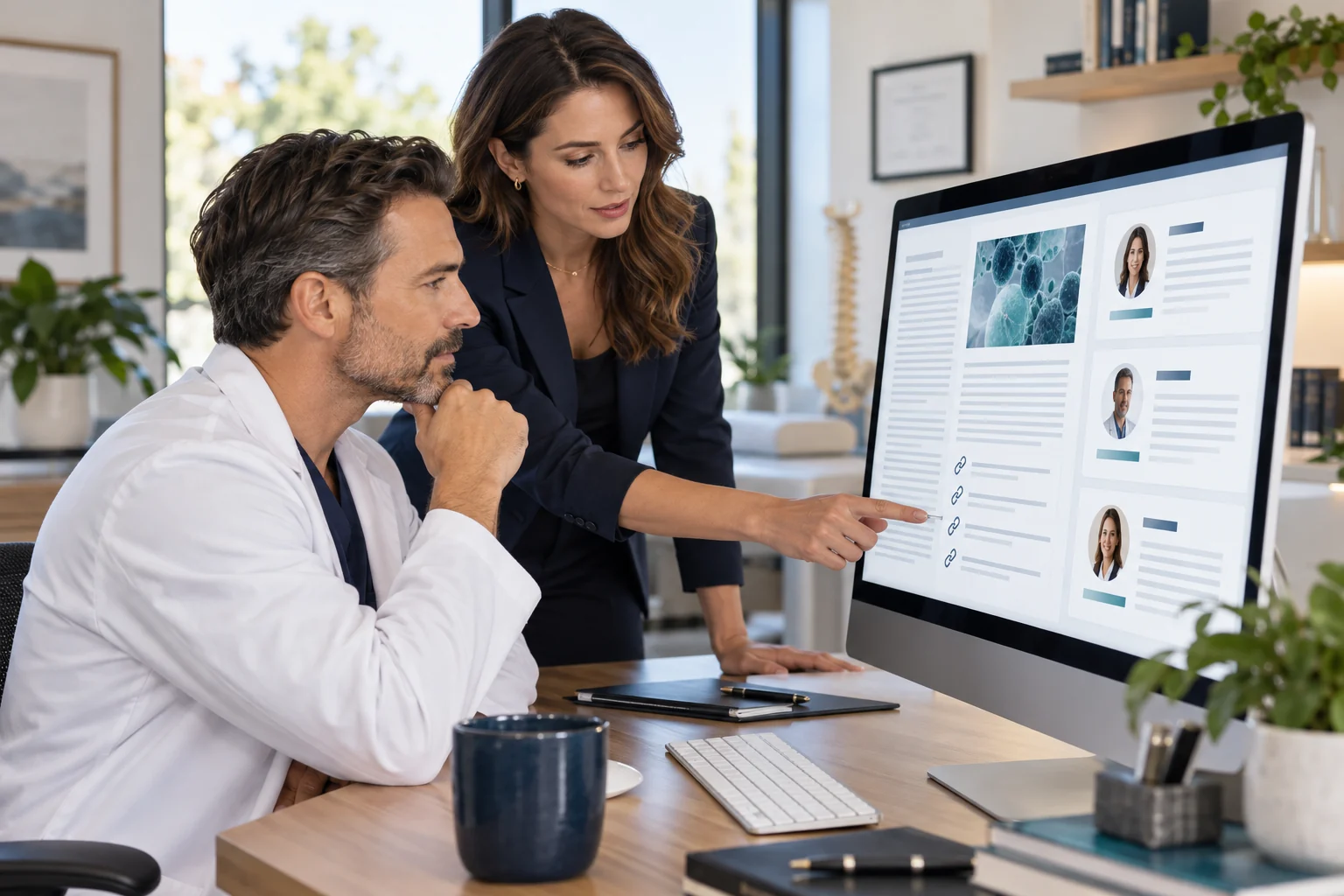 Physician and strategist reviewing clinical source citations