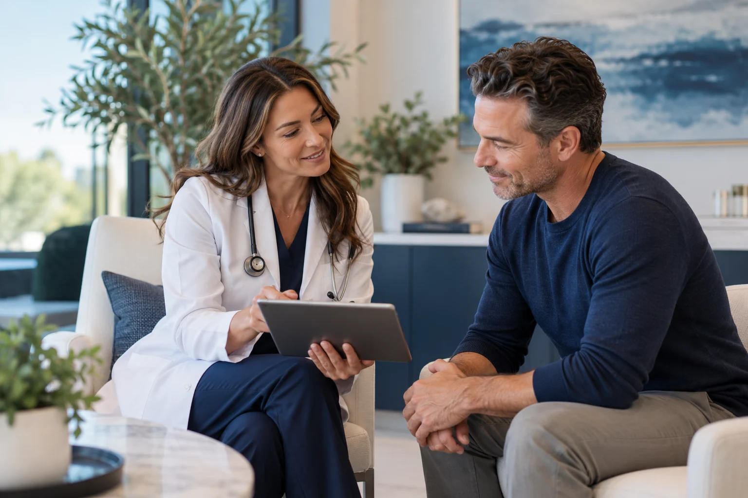 Physician discussing a supervised care plan with an adult patient