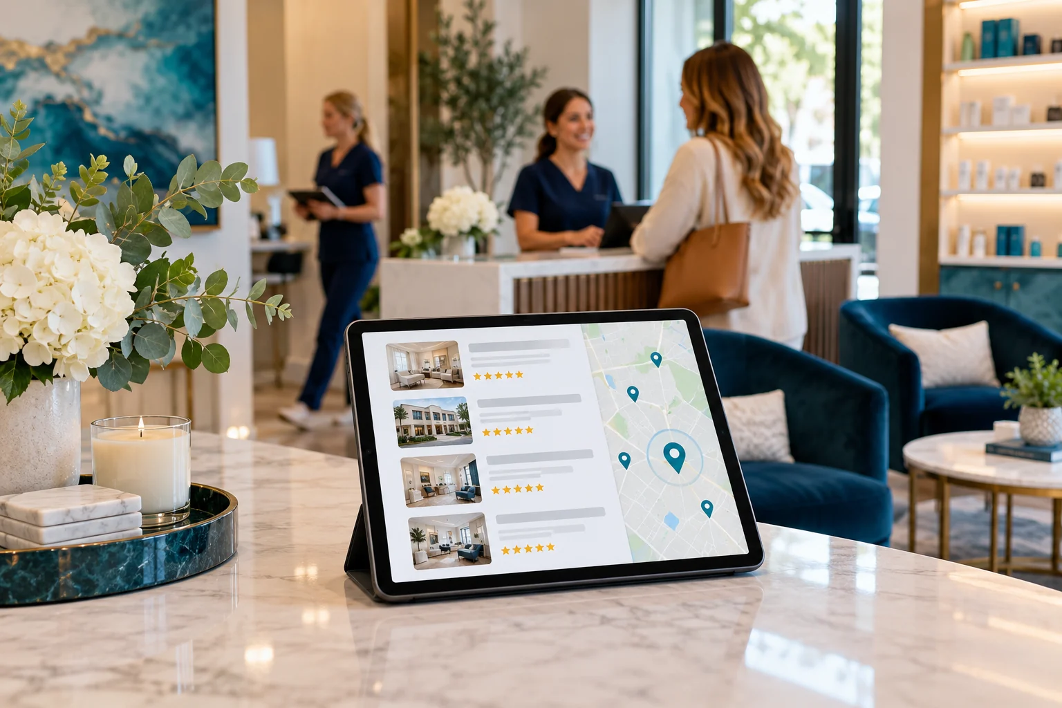Wellness clinic reception with local search listings on a tablet