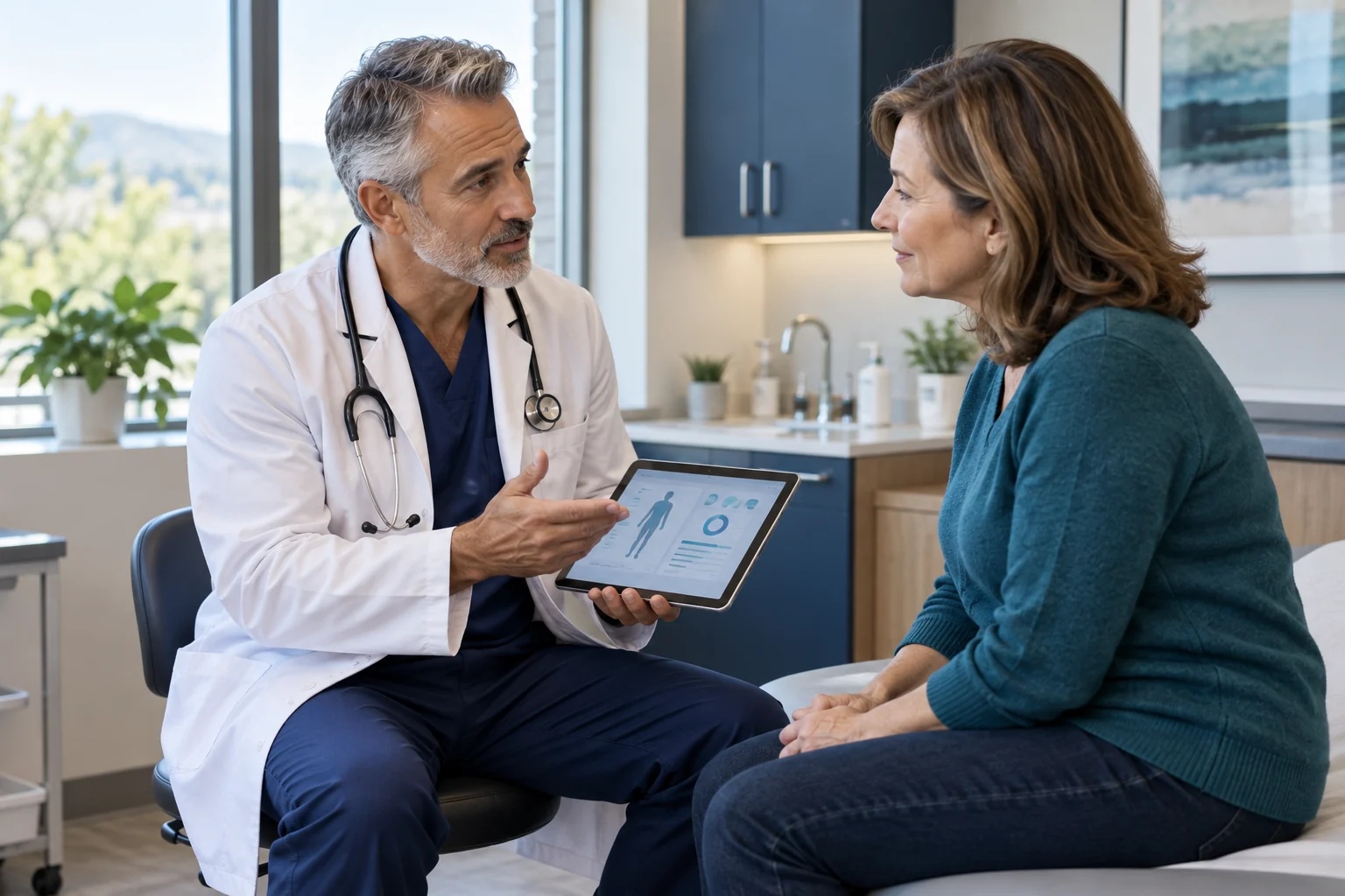 Physician consulting with an adult patient in an exam room