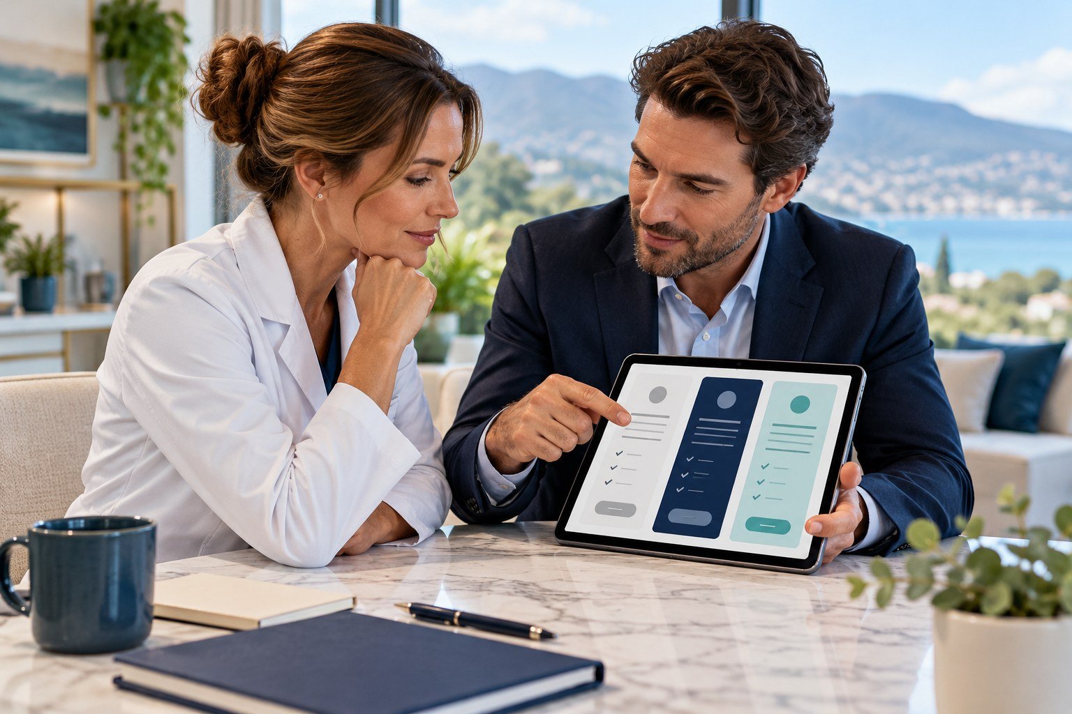 Clinic owner and strategist reviewing service package options