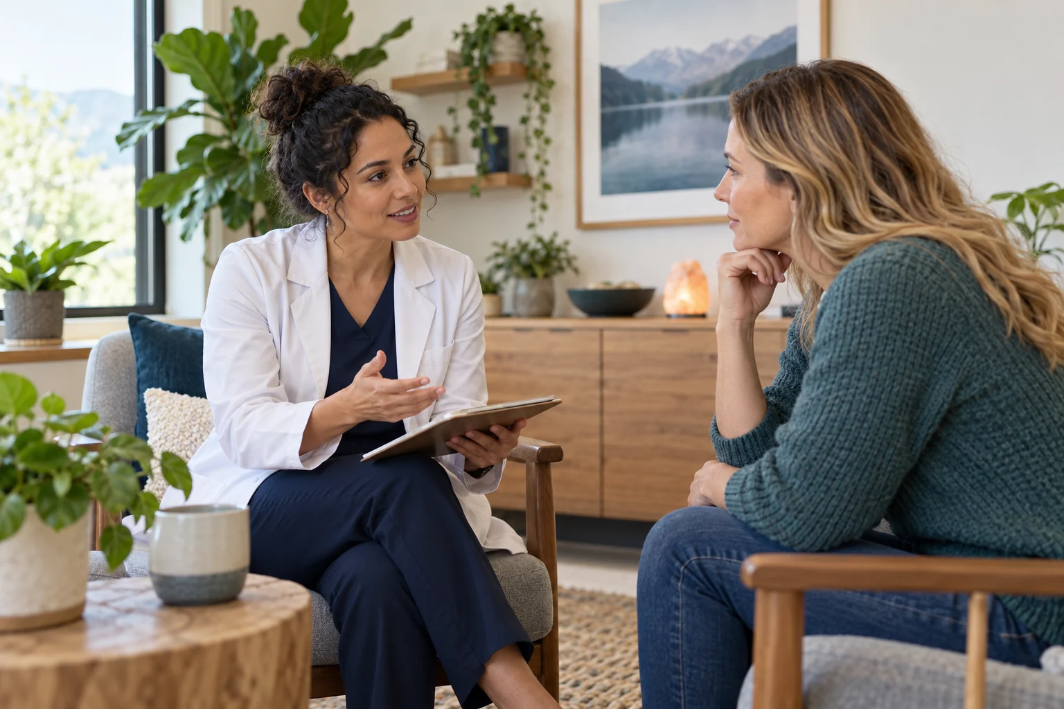 Wellness clinician consulting with an adult patient